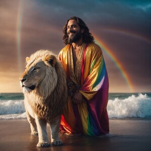 Jesus wear king a Shiite robe with as light riding a lion while...