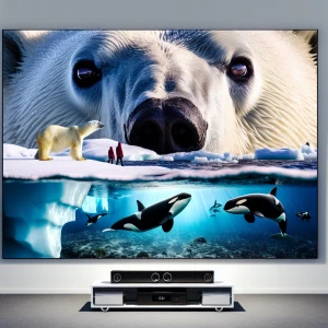 Polar bear  looking at the orcas in the ocean,  National Geograp...