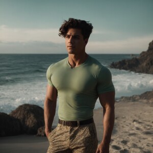 The image depicts a very muscular man standing on a beach. He is...