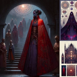 A vampire woman draped in a blood-red cloak, standing at the top of a castle staircase. Her cold, ethereal beauty is highlighted by the dim glow of a distant chandelier, and the grainy texture lends an aged, mysterious quality to the scene