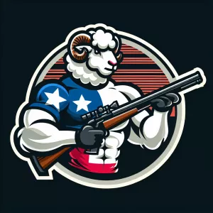 muscular sheep with texas flag shirt shooting a rifle