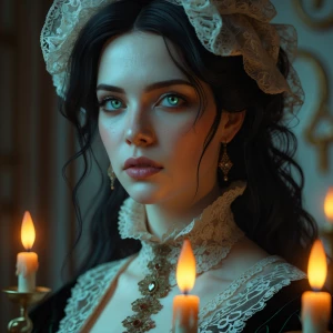 Create a Victorian-era portrait featuring a woman with delicate porcelain skin, raven-black hair, and striking emerald eyes. She should be dressed in elaborate lace and velvet attire, basked in the warm glow of candlelight, with an air of mystery as if surrounded by the subtle murmurs of secrets.