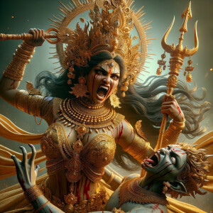 portrait of angry looking, indian goddess lunging at a weak mahishasur with a trident in her hand. She is wearing gold armor, a huge gold crown, gold saree, abundant  gold jewelry, covered in blood. The scene is set in ancient India. The image is 8K resolution, cinematic, photography, ultra detailed face and epic.