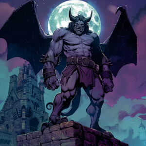 comic style, 8k, a muscular gargoyle with lavender skin, long da...