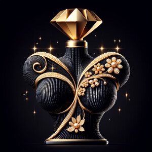 Design a fancy, black and gold bottle of perfume in the shape of a woman’s body. With a golden diamond top, flowers pearls and Diamonds in the name, Karen