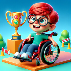 Boy in wheelchair with red hair and glasses