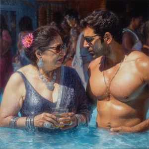 Hyperrealism oil painting, a punjabi  villain  curvy mother in l...