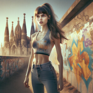 Athletic Thin skinny Attractive, Asian teenage girl, long brown hair and bangs, wearing tight skinny jeans and a halter top paint marks on her clothing, heroic pose Asian graffiti background, backside view