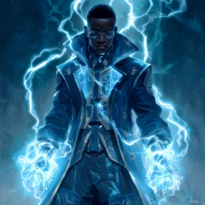 A powerful superhero character in a futuristic outfit, wearing a...