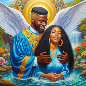 An oil painting depicting a light-skinned African-American pasto...