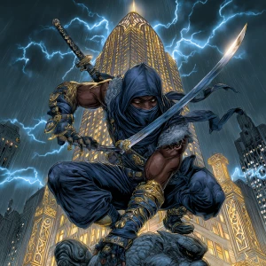 A dark-skinned, young adult male ninja, mid-20s, muscular build,...