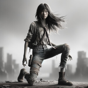 Skinny and thin Asian teen girl wearing skin tight jeans that are worn and frayed, long hair and bangs heroic ready to fight stance