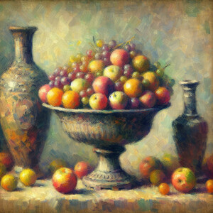 An impressionistic painting of a bowl of fruit, with a base on e...
