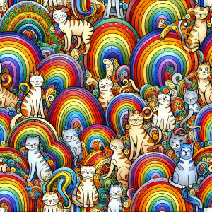 A pattern of cats and rainbows