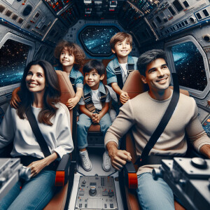 A family of three boys and their both parents riding on a space...