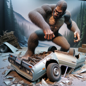 A humanoid Bigfoot creature in a display of strength, aggressive...