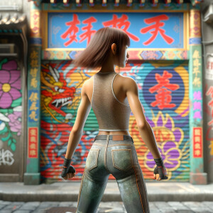 Athletic Thin skinny Attractive, Asian teenage girl, long brown hair and bangs, wearing tight skinny jeans and a halter top paint marks on her clothing, heroic pose Asian graffiti background, backside view