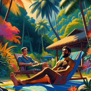 seemingly relaxing outdoors. One man is lying down on a blue sur...