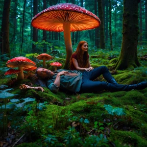 Create a cinematic image depicting a lush, vibrant green forest...