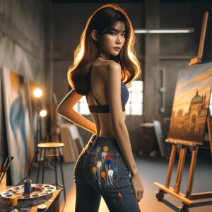 Athletic Thin skinny Attractive, Asian teenage girl, long brown hair and bangs, wearing tight skinny jeans and a halter top paint marks on her clothing, heroic pose Asian graffiti background, backside view