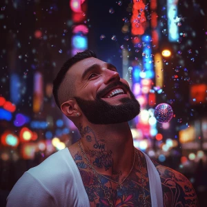 White muscular thin man with beard, big chin, smile and cheekbon...
