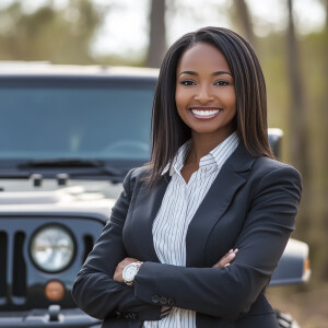 A friendly business women in business attire with a jeep