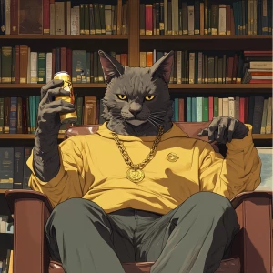 A humanoid cat character sitting in an armchair, with a bookshel...