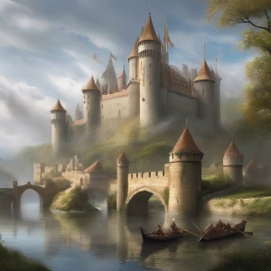 A sprawling medieval fortress with multiple towers, a drawbridge over a misty moat, and banners fluttering in the breeze