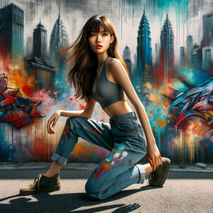 teenage girl, long brown hair and bangs, wearing tight skinny jeans and a halter top paint marks on her clothing, heroic pose Asian graffiti background, nearing on one knee