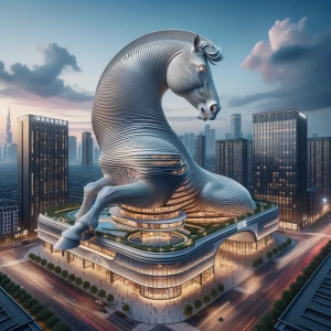 Create a 3D image of a building designed in the shape of a big...
