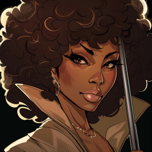 A full bodied cartoon Illustrated  of Pam Grier type as light co...