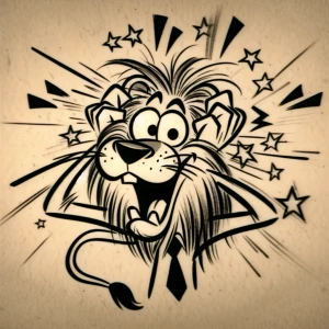 Create an image of a cartoonish lion comically bumping its head,...
