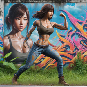 Athletic Thin skinny Attractive, Asian teenage girl, long brown hair and bangs, wearing tight skinny jeans and a halter top paint marks on her clothing, heroic pose Asian graffiti background, side view