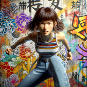 Athletic Thin skinny Attractive, Asian teenage girl, long brown hair and bangs, wearing tight skinny jeans and a halter top paint marks on her clothing, heroic pose Asian graffiti background