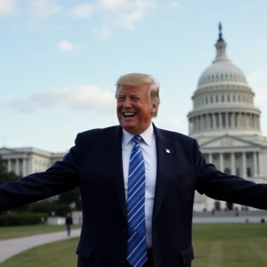 Donald Trump grinning with outstretched arms in front of the Uni...