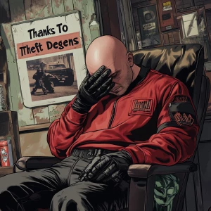 A bald man with a shiny head, dressed in a red and black long-sl...
