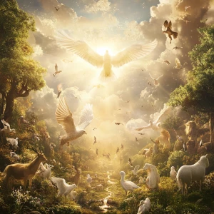 Create a tranquil vertical panorama portraying a heavenly landsc...