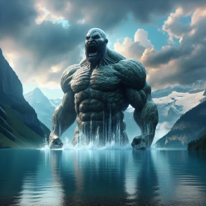 Create a hyper-realistic image of a gargantuan, bald giant with...