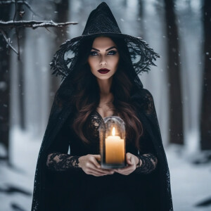 Beautiful Gothic witch in the middle of snowy forest