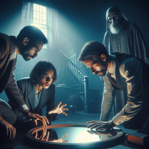 Two men and one woman found a dark gloomy mirror in a scary hous...