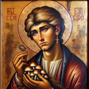 Style An ancient Russian icon, it depicts a young, informal-look...