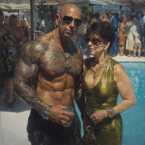 Hyperrealism,sharp painting ,a muscular beefy tattoed indian swe...