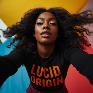 A Black female model wearing a stylish top with "Lucid Origin" p...