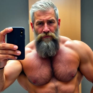 The image shows a middle-aged man with a muscular, hairy physiqu...