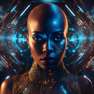 Produce a digital artwork featuring a cutting-edge AI cyborg hol...