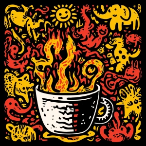 vector-style illustration of a hand-drawn coffee cup overflowing...