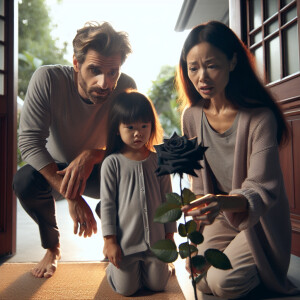 Father mother and daughter are standing near the threshold of th...