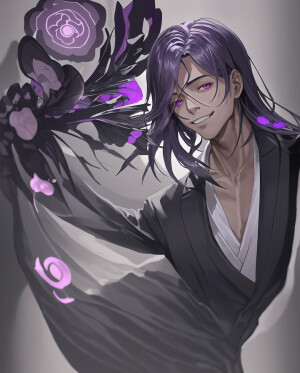 Create me an otome character named Victor, he has purple black,...