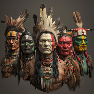 Craft a lifelike 3D rendering of five distinct Native American c...