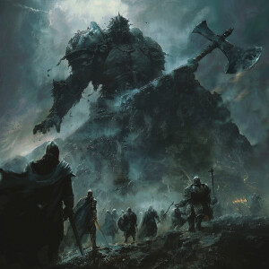 In a dark fantasy setting, a massive crest looms overhead, crush...